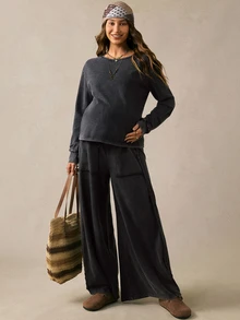 Boho Mama Maternity Solid Color Long Sleeve Top And Pants Casual Daily 2 Pieces Set Fall Country Concert Cute Chic Going Out - Black - View 8