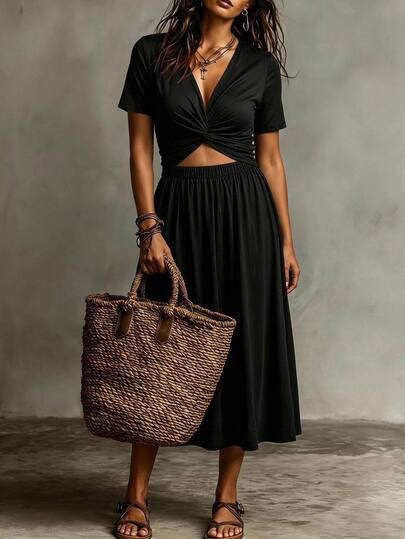 SHEIN Elenzya Conjunto de 2 piezas de camisa y falda para mujer talla grande con cuello en V, manga corta retorcida, cintura ceñida y falda acampanada, adecuado para el mercado, ir al trabajo, uso casual, conjunto de camisa y falda de corte holgado