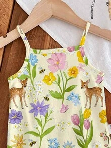 SHEIN LMoss Kids 女嬰可愛公主風粉色花卉印花吊帶連身褲，休閒可愛夏季度假與工作穿搭，復古波西米亞鹿紋 - 彩色 - 查看 3