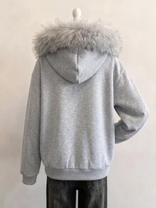 SHEIN Sparklyn 秋冬女款連帽拉鍊外套，街頭風混搭運動衫，秋季保暖針織面料衣物 - 灰色 - 查看 2