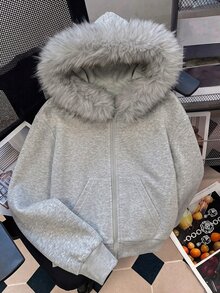 SHEIN Sparklyn 秋冬女款連帽拉鍊外套，街頭風混搭運動衫，秋季保暖針織面料衣物 - 灰色 - 查看 4