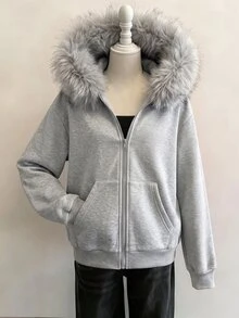 SHEIN Sparklyn 秋冬女款連帽拉鍊外套，街頭風混搭運動衫，秋季保暖針織面料衣物 - 灰色 - 查看 6