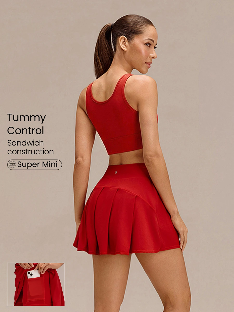 GLOWMODE Falda de entrenamiento con control de abdomen, cintura alta y volantes en forma de V, con pantalones cortos incorporados, de 4.5 pulgadas, cómoda, elástica y de 360°, para tenis, golf y uso diario en primavera y otoño, de secado rápido - Rojo - Ver 1