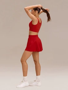 GLOWMODE Falda de entrenamiento con control de abdomen, cintura alta y volantes en forma de V, con pantalones cortos incorporados, de 4.5 pulgadas, cómoda, elástica y de 360°, para tenis, golf y uso diario en primavera y otoño, de secado rápido - Rojo - Ver 8
