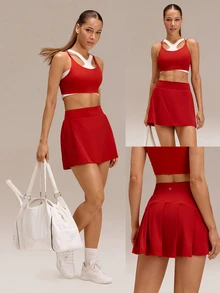 GLOWMODE Falda de entrenamiento con control de abdomen, cintura alta y volantes en forma de V, con pantalones cortos incorporados, de 4.5 pulgadas, cómoda, elástica y de 360°, para tenis, golf y uso diario en primavera y otoño, de secado rápido - Rojo - Ver 9