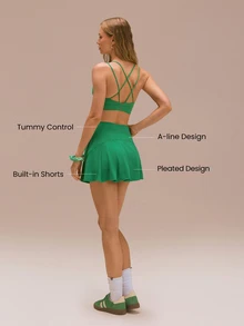 GLOWMODE Rok Olahraga Berpinggang Sangat Tinggi Bentuk V dengan Rumbai Pinggul, Nyaman, Elastis, Kontrol Perut 360°, Ukuran 4,5 inci, Dilengkapi Celana Pendek Terintegrasi, Cocok untuk Tenis, Golf, dan Aktivitas Sehari-hari, Cepat Kering. - Fresh Green - View 2