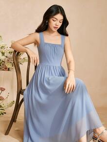 SHEIN 少女优雅甜美纯色灰色连衣裙，蝴蝶结设计，无袖吊带裙，适合春夏穿着 - 藍色 - 查看 3