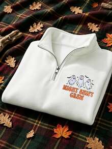 女款字母刺繡寬鬆拉鍊 Polo 領套頭落肩長袖運動衫 - 淺灰色 - 查看 3