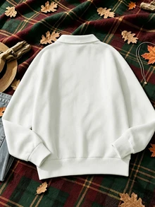女款字母刺繡寬鬆拉鍊 Polo 領套頭落肩長袖運動衫 - 淺灰色 - 查看 2