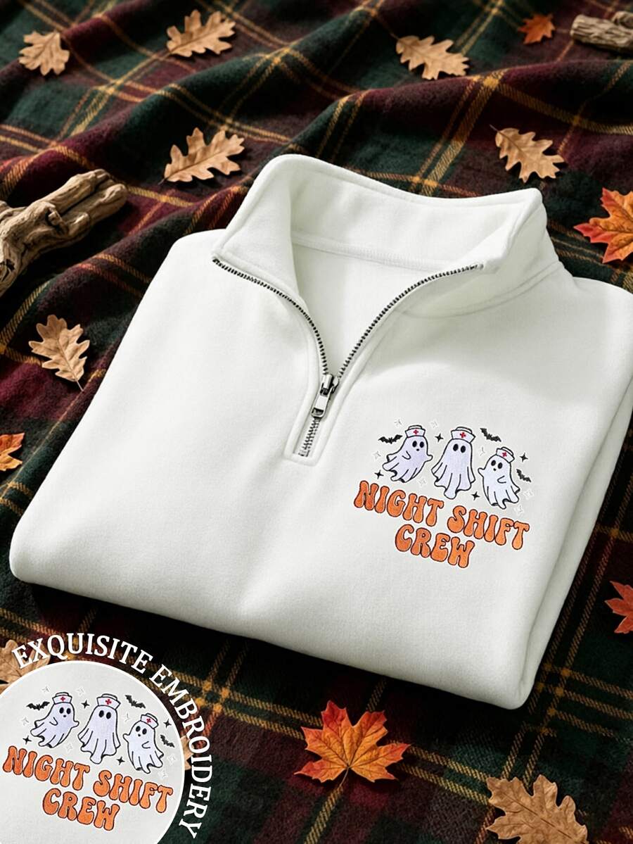 女款字母刺繡寬鬆拉鍊 Polo 領套頭落肩長袖運動衫 - 淺灰色 - 查看 1