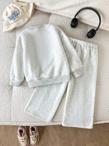 Kids Young Girl Casual Butterfly Print Knit Solid Color Loose Drop Shoulder Long Sleeve Sweatshirt & Pleated Wide Leg Sweatpants Set - Multicolor - View 4