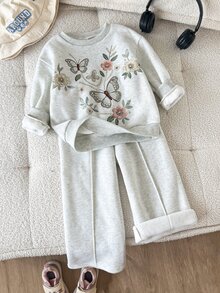 Kids Young Girl Casual Butterfly Print Knit Solid Color Loose Drop Shoulder Long Sleeve Sweatshirt & Pleated Wide Leg Sweatpants Set - Multicolor - View 3