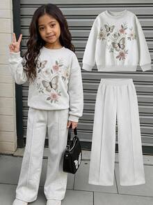 Kids Young Girl Casual Butterfly Print Knit Solid Color Loose Drop Shoulder Long Sleeve Sweatshirt & Pleated Wide Leg Sweatpants Set - Multicolor - View 2