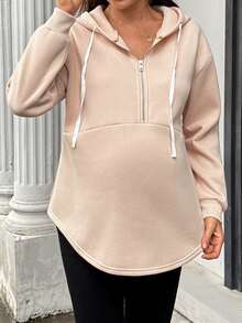SHEIN Maternity Drawstring Hooded Casual Versatile Daily Wear Sweatshirt Winter - Apricot - View 5