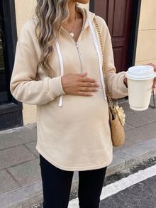 SHEIN Maternity Drawstring Hooded Casual Versatile Daily Wear Sweatshirt Winter - Apricot - View 4