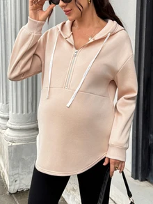 SHEIN Maternity Drawstring Hooded Casual Versatile Daily Wear Sweatshirt Winter - Apricot - View 7