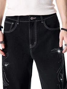ROMWE MEN Goth New Y2K Punk Rhinestone Totem Black Cow High Street Daily Versatile Unisex Wide Leg Washed Soft Denim Jeans - Black - View 7