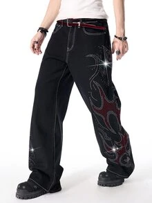 ROMWE MEN Goth New Y2K Punk Rhinestone Totem Black Cow High Street Daily Versatile Unisex Wide Leg Washed Soft Denim Jeans - Black - View 1