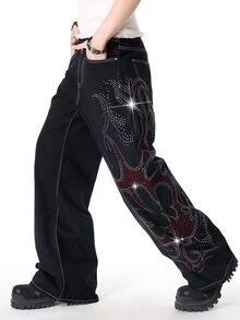 ROMWE MEN Goth New Y2K Punk Rhinestone Totem Black Cow High Street Daily Versatile Unisex Wide Leg Washed Soft Denim Jeans - Black - View 5