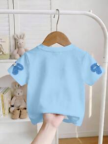 Soft Mist Blue, Sweet Bow & Beaded Pattern, Baby Girl Casual Minimalist Short Sleeve Fitted Round Neck T-Shirt, Suitable For All Seasons,Outings - Multicolor - View 3