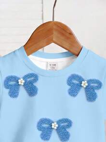 Soft Mist Blue, Sweet Bow & Beaded Pattern, Baby Girl Casual Minimalist Short Sleeve Fitted Round Neck T-Shirt, Suitable For All Seasons,Outings - Multicolor - View 4