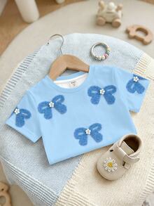 Soft Mist Blue, Sweet Bow & Beaded Pattern, Baby Girl Casual Minimalist Short Sleeve Fitted Round Neck T-Shirt, Suitable For All Seasons,Outings - Multicolor - View 2