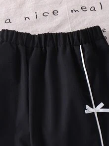SHEIN Genkimix Kids 女童秋季黑色寬腿運動長褲 側邊條紋 白色蝴蝶結彈性腰鬆緊休閒運動慢跑褲 秋季服飾 - 黑色 - 查看 8