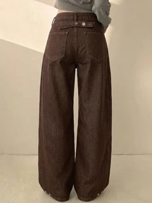 DAZY 女款口袋弧形腿寬鬆休閒百搭牛仔褲 - 咖啡棕 - 查看 2