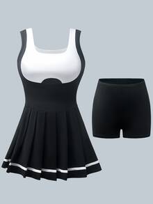 SHEIN Sovereign Charm 女式拼色无袖运动连衣裙，配有可拆卸衬垫胸罩、褶裙和撞色饰边短裤衬里，适合日常休闲、跑步、瑜伽、健身、网球、高尔夫和其他运动 - 彩色 - 查看 4