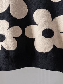 SHEIN 4-7歲女童緹花花卉長袖針織上衣與黑色波浪下擺百褶裙2件套，休閒居家、外出、派對、日常穿著百搭套裝 - 黑色 - 查看 5