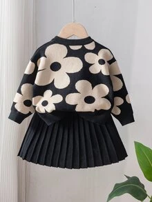 SHEIN 4-7歲女童緹花花卉長袖針織上衣與黑色波浪下擺百褶裙2件套，休閒居家、外出、派對、日常穿著百搭套裝 - 黑色 - 查看 2