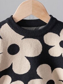 SHEIN 4-7歲女童緹花花卉長袖針織上衣與黑色波浪下擺百褶裙2件套，休閒居家、外出、派對、日常穿著百搭套裝 - 黑色 - 查看 4