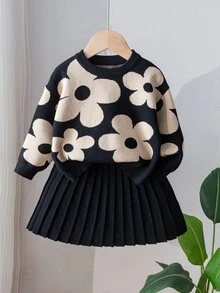 SHEIN 4-7歲女童緹花花卉長袖針織上衣與黑色波浪下擺百褶裙2件套，休閒居家、外出、派對、日常穿著百搭套裝 - 黑色 - 查看 3
