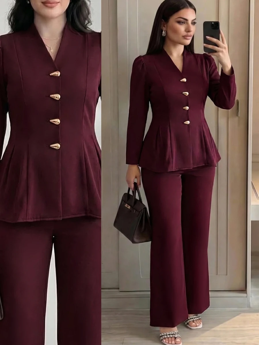 Modelyn Plus Size Women's Metal Single-Breasted Long Sleeve Jacket And Pants Casual Daily Suit Set - Burgundy - View 1