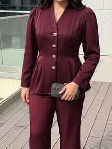 Modelyn Plus Size Women's Metal Single-Breasted Long Sleeve Jacket And Pants Casual Daily Suit Set - Burgundy - View 4
