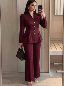 Modelyn Plus Size Women's Metal Single-Breasted Long Sleeve Jacket And Pants Casual Daily Suit Set - Burgundy - View 7