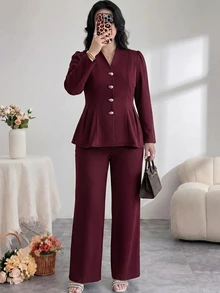 Modelyn Plus Size Women's Metal Single-Breasted Long Sleeve Jacket And Pants Casual Daily Suit Set - Burgundy - View 5