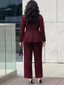 Modelyn Plus Size Women's Metal Single-Breasted Long Sleeve Jacket And Pants Casual Daily Suit Set - Burgundy - View 2
