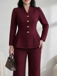 Modelyn Plus Size Women's Metal Single-Breasted Long Sleeve Jacket And Pants Casual Daily Suit Set - Burgundy - View 6