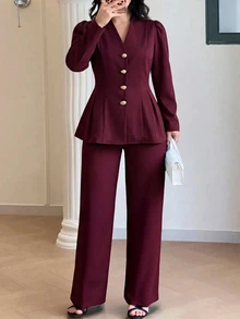 Modelyn Plus Size Women's Metal Single-Breasted Long Sleeve Jacket And Pants Casual Daily Suit Set - Burgundy - View 3