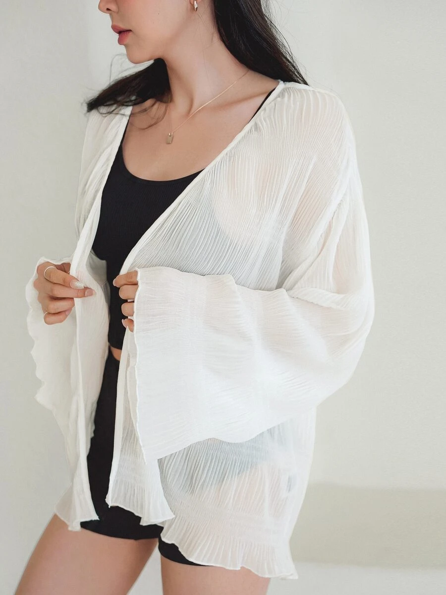 DAZY 女式纯色落肩长袖和服外套夏季，荷叶边透视 - 白色 - 查看 1