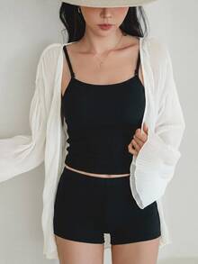 DAZY 女式纯色落肩长袖和服外套夏季，荷叶边透视 - 白色 - 查看 4