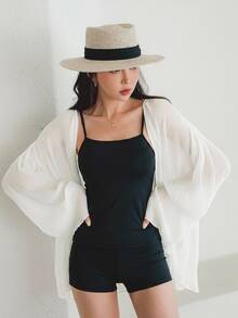 DAZY 女式纯色落肩长袖和服外套夏季，荷叶边透视 - 白色 - 查看 2