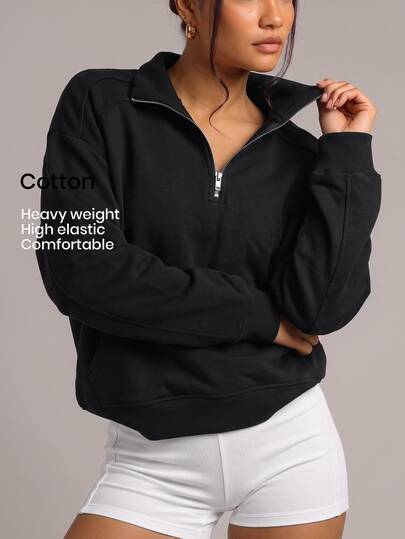 YARNWELL Women's Solid Color Long Sleeve Half-Zip Casual Loose Sweatshirt