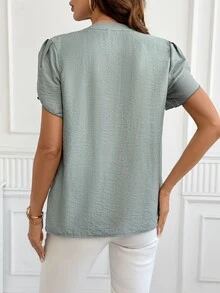 SHEIN Clasi Romantic Elegant Decorative Ribbon Notch Collar Blouse - Green - View 2