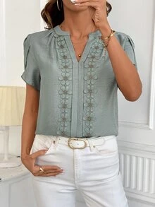 SHEIN Clasi Romantic Elegant Decorative Ribbon Notch Collar Blouse - Green - View 7