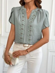 SHEIN Clasi Romantic Elegant Decorative Ribbon Notch Collar Blouse - Green - View 8