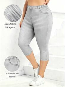 EMERY ROSE Plus Size Women High Waist Denim Effect Print Skinny Casual Capri Pants - Light Grey - View 1
