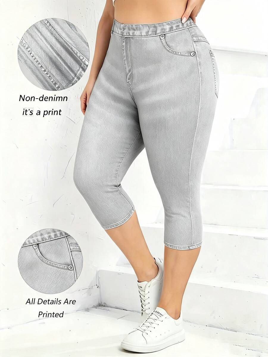 EMERY ROSE Plus Size Women High Waist Denim Effect Print Skinny Casual Capri Pants - Light Grey - View 1