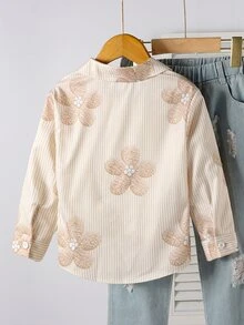 SHEIN Genkimix Kids 女童條紋襯衫，休閒可愛學院風，寬鬆圖案開襟衫，秋季返校戶外運動日常舒適穿搭 - 彩色 - 查看 2